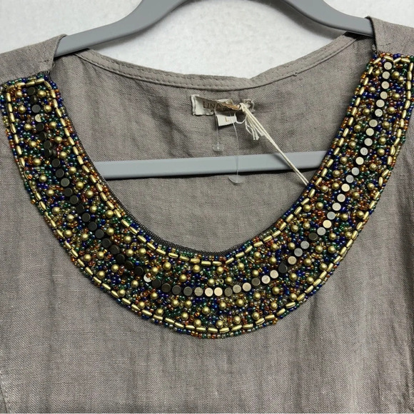 NWT Lina Tomei Gray 100% Linen Sleeveless Dress W/Pockets L Beaded Neck Collar - Picture 2 of 8